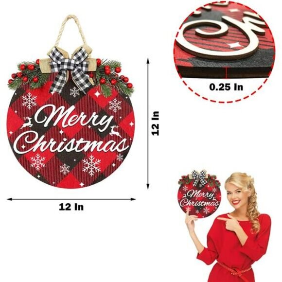 Merry Christmas Decoration Wreath Sign,Buffalo Plaid Welcome Sign for Front Door - Picture 3 of 7